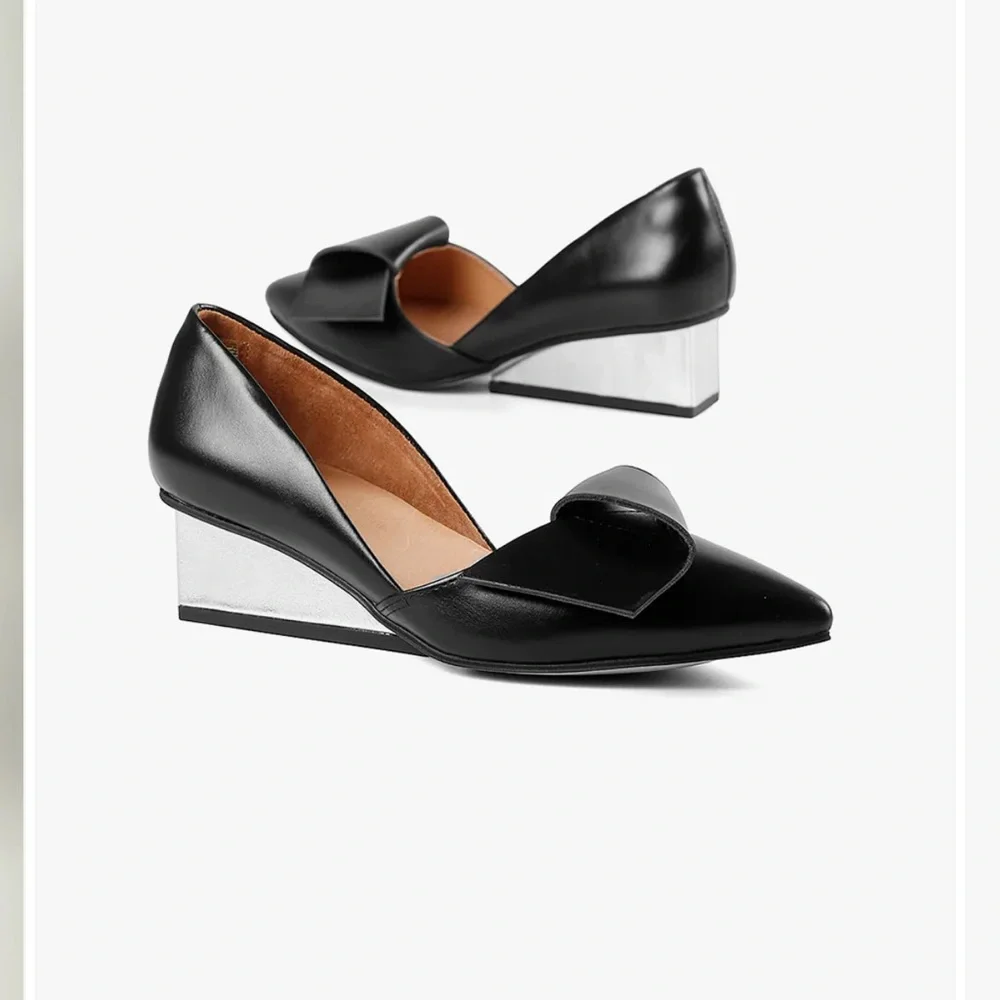 Like New Luxury Black Leather Wedge Heels – Half Bow – $215 Retail.